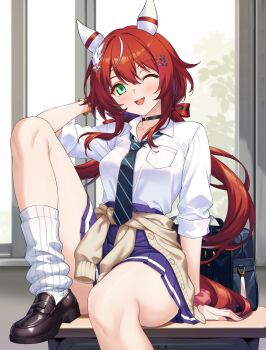 1girl alternate_costume animal_ears breasts commentary_request commission desk green_eyes gyaru highres horse_ears horse_tail long_hair looking_at_viewer low_twintails medium_breasts one_eye_closed open_mouth red_hair school_desk school_uniform shirokuma_a sitting skeb_commission solo tail twintails umamusume variant_set win_variation_(umamusume)