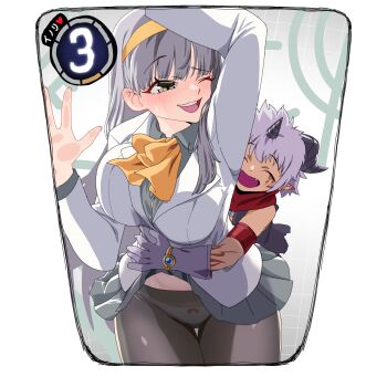 Rule 34 | 1boy, 1girl, absurdres, aegiomon, against glass, black pantyhose, black vest, chest jewel, commentary request, cowboy shot, digimon, digimon card game, digimon story: time stranger, facial mark, gerusyu, grey hair, grey shirt, highres, horns, hug, hug from behind, jacket, long hair, misono inori, one eye closed, panties, panties under pantyhose, pantyhose, pointy ears, shirt, short hair, underwear, vest, white jacket, white panties