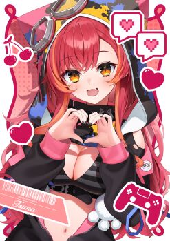 0707_una 1girl absurdres animal_ear_hood animal_ears animal_hood black_bra black_jacket black_nails black_shrug blush bra breasts cleavage commentary fake_animal_ears fang fingernails goggles goggles_on_headwear heart heart_hands highres hood hood_up jacket large_breasts long_hair looking_at_viewer multicolored_hair nail_polish navel nekota_tsuna nekota_tsuna_(1st_costume) open_mouth orange_hair orange_streaks paint_splatter partially_open_jacket red_hair shrug_(clothing) simple_background skin_fang smile solo streaked_hair striped_bra striped_clothes underwear upper_body virtual_youtuber vspo! white_background