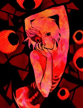 1girl arm_over_head body_horror dismemberment eyeball guro highres homicipher looking_at_viewer mr._silvair no_mouth red_theme ribs solo squalid114617 static too_many_eyes upper_body