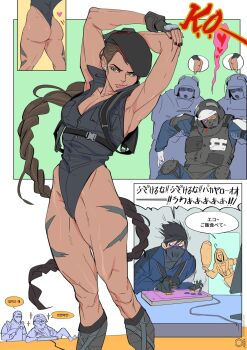 1girl 6+boys aisofink_f alternate_costume arcade_stick armpits arms_up ass beret black_headwear black_leotard black_nails bodypaint braid breasts brown_hair cammy_white cammy_white_(cosplay) camouflage caveira_(rainbow_six_siege) character_request cleavage controller cosplay dark-skinned_female dark_skin earrings fingerless_gloves fingernails game_controller gloves green_eyes harness hat highleg highleg_leotard highres jewelry joystick k.o. korean_text leotard lips long_braid long_hair medium_breasts multiple_boys nail_polish rainbow_six rainbow_six_siege single_braid sleeveless solo_focus standing street_fighter street_fighter_v stretching thick_thighs thighs thong_leotard trait_connection translation_request very_long_hair