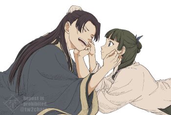 1boy 1girl beads blue_eyes blue_ribbon blue_robe blunt_bangs bun_cover chara_no7 cheek_pinching closed_eyes closed_mouth facial_scar freckles green_hair hair_beads hair_bun hair_ornament hair_over_shoulder hair_ribbon half_updo hand_on_another&#039;s_cheek hand_on_another&#039;s_face head_on_hand jinshi_(kusuriya_no_hitorigoto) kusuriya_no_hitorigoto light_smile long_hair looking_at_another maomao_(kusuriya_no_hitorigoto) open_mouth pinching purple_hair ribbon robe scar scar_on_cheek scar_on_face shirt smile twitter_username white_background white_shirt wide_sleeves