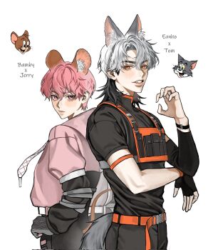 Rule 34 | 2boys, amo 0202, animal ear fluff, animal ears, bamby (plave), belt, belt buckle, black belt, black gloves, black hair, black pants, black shirt, buckle, cat boy, cat ears, cat tail, closed mouth, collared shirt, commentary, commentary request, compression sleeve, cowboy shot, crossover, english commentary, eunho (plave), gloves, hair behind ear, highres, hood, hooded jacket, jacket, jerry (tom and jerry), kemonomimi mode, looking to the side, male focus, mixed-language commentary, mouse boy, mouse ears, multiple boys, orange belt, pants, parted lips, pink eyes, pink hair, plave, red eyes, shirt, short hair, single glove, snap-fit buckle, tail, tom (tom and jerry), tom and jerry, white background, white hair, wrist belt