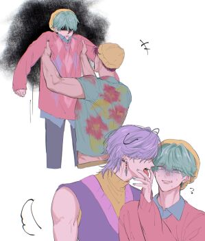 +++ 3boys ^_^ abby_(kpop_demon_hunters) aqua_hair baby_(kpop_demon_hunters) black_hair blush carrying carrying_person closed_eyes commentary earrings facepalm hair_over_eyes hat highres jewelry kpop_demon_hunters lying male_focus multiple_boys mystery_(kpop_demon_hunters) necklace ogai on_back on_side pink_hair pink_sweater purple_hair shirt short_hair short_sleeves sleeveless sweater symbol-only_commentary tail tongue tongue_out turtleneck yellow_hat yellow_shirt