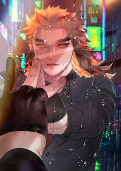 1boy alternate_costume black_gloves black_jacket black_shirt blonde_hair blurry city city_lights closed_mouth contemporary fingerless_gloves fingernails forked_eyebrows formal_clothes gloves hashimoto_(yanagi-momo) implied_yaoi jacket kimetsu_no_yaiba long_hair long_sleeves looking_at_viewer male_focus mirror multicolored_eyes multicolored_hair necktie night out_of_frame outstretched_hand parted_lips pov pov_hands rain red_eyes red_hair red_necktie reflection rengoku_kyoujurou shirt solo streaked_hair suit thick_eyebrows two-tone_hair upper_body water_drop wet yellow_eyes