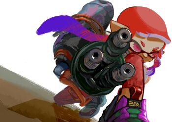 dutch_angle from_below gatling_gun gun highres holding holding_gun holding_weapon hydra_splatling_(splatoon) inkling inkling_girl inkling_player_character ka_pus kneeling nintendo orange_hair pants pink_eyes shoes simple_background sneakers splatoon_(series) tagme weapon