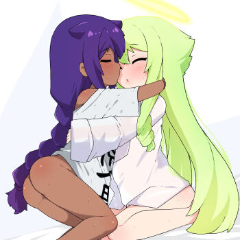 2girls absurdres angelia_avallone arcana_heart ass closed_eyes commission dark-skinned_female dark_skin green_hair halo highres jahy jahy-sama_wa_kujikenai! kodomo_doushi loli long_hair multiple_girls naked_shirt pixiv_commission pruzhka_(wardi113) purple_hair shirt very_long_hair white_shirt yuri