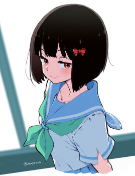 1girl black_hair blue_sailor_collar blue_skirt blush bow closed_mouth collarbone green_neckerchief hair_bow hibike!_euphonium highres hisaishi_kanade kitauji_high_school_uniform kotomozou looking_at_viewer neckerchief pleated_skirt red_bow red_eyes sailor_collar school_uniform serafuku shirt short_hair short_sleeves skirt smile solo upper_body white_shirt