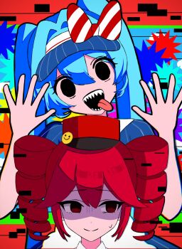 :d aqua_hair averting_eyes black_eyes blue_background blue_dress blue_hat border bow closed_mouth commentary corrupted_twitter_file crazy diagonal-striped_bow dress drill_hair empty_eyes front-to-back glitch gloom_(expression) hair_between_eyes hands_up hat hat_bow hatsune_miku head_tilt highres kasane_teto long_hair looking_at_viewer looking_to_the_side mesmerizer_(vocaloid) nervous nervous_smile open_mouth outside_border pinstripe_dress pinstripe_hat pinstripe_pattern raised_eyebrows red_border red_bow red_eyes red_hair red_hat ringed_eyes shaded_face sharp_teeth sidelocks smile smiley_face smiley_hair_ornament striped_bow sweatdrop teeth tongue tongue_out tridecagram twin_drills twintails utau very_long_hair visor_cap vocaloid wanda_hoir white_bow