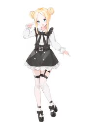Rule 34 | 1girl, :d, abigail williams (fate), absurdres, alternate costume, black bow, black footwear, black skirt, blonde hair, blue eyes, bow, collared shirt, commentary request, double bun, fate/grand order, fate (series), forehead, frilled skirt, frills, full body, hair bun, hand up, highres, long sleeves, looking at viewer, open mouth, parted bangs, puffy long sleeves, puffy sleeves, shirt, shoes, sidelocks, simple background, skirt, sleeves past wrists, smile, solo, standing, standing on one leg, thighhighs, v, white background, white shirt, white thighhighs, yukaa