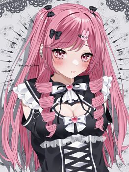 1girl absurdres arms_behind_back artist_name black_dress black_ribbon blush bow breasts cleavage_cutout closed_mouth clothing_cutout commentary cross dress drill_hair ear_piercing eyelashes floral_background frilled_bow frilled_dress frills grey_background hair_bow hair_ornament hairclip heart-shaped_gem highres long_hair long_sleeves medium_breasts original piercing pink_eyes pink_hair pout rabbit_hair_ornament ribbon sidelocks solo swept_bangs symbol-only_commentary two_side_up upper_body wanko_(yurika0320)