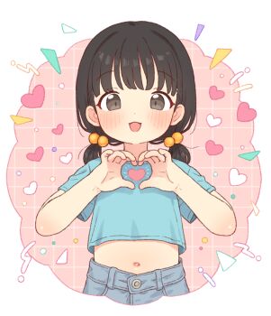 :d black_eyes black_hair blush commentary_request denim denim_shorts flat_chest hair_bobbles hair_ornament heart heart_hands heart_in_heart_hands looking_at_viewer medium_hair midriff navel onyhakase open_mouth original shirt short_sleeves shorts smile t-shirt twintail_girl_(onyhakase) twintails