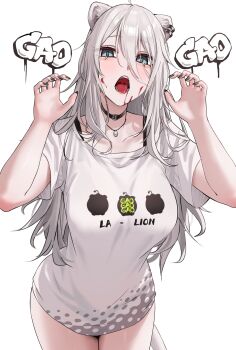 Rule 34 | 1girl, absurdres, ahoge, animal ear piercing, animal ears, black choker, black nails, blood, blood on face, bra strap, breasts, choker, claw pose, commentary, cowboy shot, double-parted bangs, english commentary, grey eyes, grey hair, hair between eyes, hands up, highres, hololive, jewelry, large breasts, lion ears, lion tail, long hair, long hair between eyes, looking at viewer, messy hair, nail polish, necklace, no pants, official alternate costume, official alternate hairstyle, open mouth, print shirt, shirt, shishiro botan, shishiro botan (midnight convenience store), sidelocks, simple background, solo, ssrb (shishiro botan), t-shirt, tail, virtual youtuber, wanne, white background, white shirt