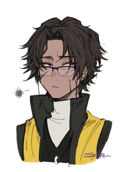 1boy black_coat black_jacket closed_mouth coat commentary_request dark-skinned_male dark_skin dieci_association_south_uniform fedoarss1ru glasses heathcliff_(project_moon) highres jacket jewelry korean_commentary limbus_company looking_to_the_side male_focus necklace project_moon purple_eyes simple_background solo squiggle stole white_background