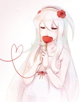 1girl absurdly_long_hair chanpotei closed_eyes commentary dress english_commentary flower long_hair red_flower string string_of_fate sukone_tei sundress utau very_long_hair white_dress white_hair
