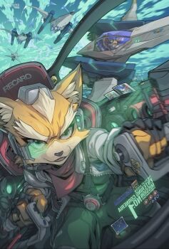 4boys aircraft airship arwing bird_boy buttons cockpit edwin_huang falco_lombardi flying fox_boy fox_mccloud frog_boy furry furry_male great_fox green_eyes highres jacket james_mccloud krystal multiple_boys nintendo peppy_hare photo_(object) rabbit_boy scarf scouter slippy_toad spacecraft star_fox star_fox_64 star_fox_adventures starfighter upside-down whiskers