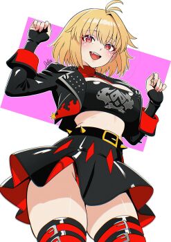Rule 34 | 1girl, absurdres, alternate costume, arcueid brunestud, black jacket, black nails, blush, breasts, burnice white, burnice white (cosplay), cleavage, cosplay, crop top, cropped jacket, fangs, from below, fukou, hair between eyes, hand up, highres, jacket, long sleeves, looking at viewer, medium breasts, multiple girls, navel, red eyes, red hair, skindentation, skirt, smile, solo focus, stomach, thighhighs, tsukihime, tsukihime (remake), under skirt, white background, zenless zone zero