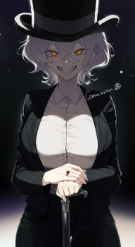 1girl absurdres black_background black_jacket black_pants breasts cane collared_shirt commission cowboy_shot formal_clothes grey_hair grin hair_between_eyes hat highres holding holding_cane jacket jewelry k_hottok large_breasts long_sleeves looking_at_viewer open_clothes open_jacket orange_eyes original pants ring shirt short_hair smile solo suit teeth top_hat twitter_username white_hair white_shirt yellow_eyes