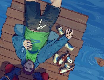 2boys 681e6d81 beer_bottle beer_can black_shorts blue_coat blue_gloves can chinese_commentary coat commentary_request drink_can feet_out_of_frame from_above gloves green_eyes green_shirt holding holding_can lake looking_at_another lying male_focus multiple_boys pants player_character_(stardew_valley) purple_hair red_pants shane_(stardew_valley) shirt short_hair shorts solo_focus stardew_valley