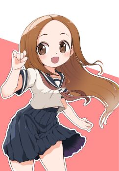 1girl blue_sailor_collar blue_skirt brown_eyes brown_hair commentary_request cowboy_shot hand_up highres karakai_jouzu_no_takagi-san kobawan_dam long_hair neckerchief open_mouth outline pleated_skirt red_background red_neckerchief sailor_collar school_uniform serafuku shirt skirt smile solo summer_uniform takagi-san two-tone_background white_background white_outline white_shirt