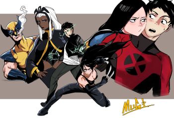 2boys 2girls absurdres aura bare_shoulders beard_stubble black_eyes bodysuit breasts cheek-to-cheek cigar claws cleavage dark-skinned_female dark_skin facial_hair glowing glowing_eyes hand_on_own_hip heads_together hellion_(x-men) highres jacket long_hair looking_at_another looking_at_viewer marvel mask mugi_(mugit49) multiple_boys multiple_girls multiple_views open_clothes open_jacket open_mouth prosthesis prosthetic_hand shirt short_hair smirk smoking storm_(x-men) stubble superhero_costume sweatdrop very_dark_skin white_hair white_shirt wolverine_(x-men) x-23 x-men