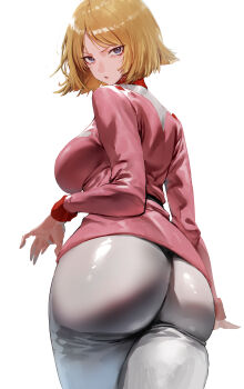 1girl absurdres ass blonde_hair blue_eyes breasts double-parted_bangs gundam highres jacket large_breasts long_sleeves looking_at_viewer looking_back mobile_suit_gundam pants pink_jacket rororo sayla_mass short_hair solo white_pants