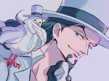 Rule 34 | 1boy, abunaideka, animal, animal on shoulder, bird, bird on shoulder, black hair, clothed animal, commentary request, dove, facial hair, goatee, grey background, hat, hattori (one piece), long hair, male focus, mature male, necktie, one piece, pigeon, rob lucci, top hat, white hat