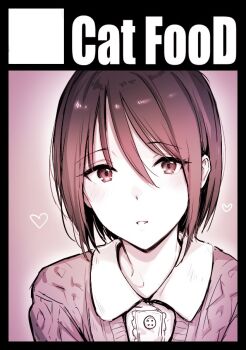 1girl black_border blush border cable_knit cardigan circle_cut circle_name commentary_request hair_between_eyes heart light_smile looking_at_viewer monochrome napata navel parted_lips pink_theme princess_connect! shiori_(princess_connect!) shiori_(real)_(princess_connect!) short_hair solo