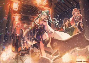 Rule 34 | 2022, 2boys, 3girls, aoyagi touya, aqua eyes, aqua hair, architecture, artist name, azusawa kohane, black hair, black thighhighs, blue skirt, cat, chris4708, closed mouth, commentary request, east asian architecture, full body, gradient hair, green kimono, hair between eyes, hair ornament, happy new year, hatsune miku, japanese clothes, kimono, long hair, long sleeves, looking at viewer, multicolored hair, multiple boys, multiple girls, new year, night, orange hair, orange kimono, pink hair, pink kimono, pleated skirt, project sekai, sandals, shinonome akito, shiraishi an, single thighhigh, skirt, sleeves past fingers, sleeves past wrists, smile, snowing, socks, standing, thighhighs, twintails, vivid bad squad (project sekai), vivid bad squad miku, vocaloid, white socks, wide sleeves