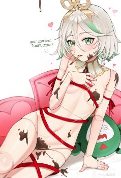 ! 1girl @_@ absurdres blush breasts cecilia_immergreen chocolate commentary detached_collar doll_joints english_commentary english_text food food_in_mouth green_eyes green_hair hair_between_eyes hand_on_own_chest highres hololive hololive_english joints looking_at_viewer migokami naked_chocolate naked_ribbon navel nude otomo_(cecilia_immergreen) pillow pocky pocky_in_mouth red_ribbon ribbon short_hair simple_background sitting small_breasts solo stomach test_tube_holster virtual_youtuber white_background white_hair winding_key yokozuwari