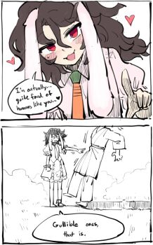 1boy 1girl animal_ears carrot_necklace commentary english_commentary english_text heart highres inaba_tewi jewelry kaibootsu looking_at_viewer medium_hair messy_hair necklace puffy_sleeves rabbit_ears rabbit_girl red_eyes short_sleeves shoving speech_bubble touhou wing_collar wristband