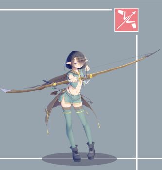 1girl aiming aiming_at_viewer arrow_(projectile) belt_pouch black_footwear black_hair blue_eyes blue_shirt blue_skirt blue_thighhighs bow_(weapon) bra cape collared_shirt drawing_bow full_body grey_background hair_ornament hair_over_one_eye hairclip highleg highleg_panties highres holding holding_bow_(weapon) holding_weapon kearful midriff miniskirt navel original panties platform_footwear platform_heels pointy_ears potion pouch shirt short_hair side_slit simple_background skirt smile thighhighs underwear weapon