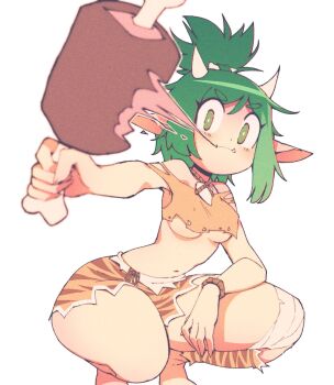 1girl animal_print breasts cavewoman eating fang food full_body green_eyes green_hair highres horns jewelry looking_at_viewer mametchi meat meat_(vtuber) midriff necklace no_bra no_panties pointy_ears primitive simple_background squatting thick_thighs thighs torn_clothes underboob virtual_youtuber white_background