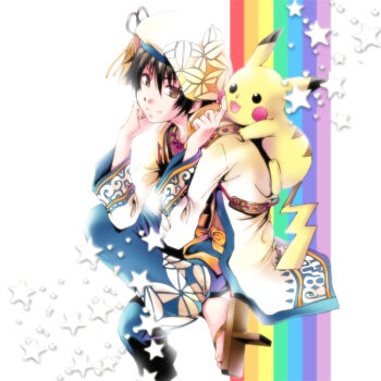 Rule 34 | armor, beret, black hair, brown eyes, clog sandals, coat, elbow on knee, feet, gen 1 pokemon, hand on own face, hat, high collar, japanese clothes, looking at viewer, magatama, nintendo, on shoulder, petting, pikachu, pokemon, pokemon (creature), pokemon conquest, pokemon on shoulder, rainbow, sengoku musou, smile, stars, tail, takenaka hanbei (sengoku musou), toes