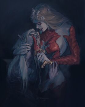 Rule 34 | 2girls, alternate hair length, alternate hairstyle, artist name, baldur's gate, baldur's gate 3, black background, black eyeshadow, black lips, black shirt, blank eyes, blonde hair, bodysuit, braid, circlet, cleavage cutout, clothing cutout, colored skin, commentary, cowboy shot, dagger, dark elf, detached sleeves, elf, english commentary, eyeshadow, from side, frown, grey skin, hair down, hand in another's hair, hand on another's neck, headpiece, highres, hip vent, holding, holding dagger, holding knife, holding weapon, knife, long hair, looking at another, looking up, low-braided long hair, low-tied long hair, makeup, minthara, multiple girls, orin the red, parted lips, plunging neckline, pointy ears, ravysuu, realistic, red bodysuit, red eyes, shirt, signature, single braid, smile, standing, weapon, white hair