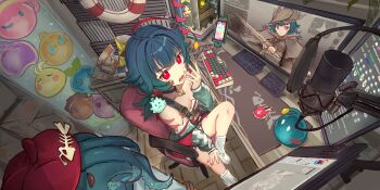 absurdres acoustic_foam anchor anglerfish_girl antennae bare_legs bare_shoulders breasts cawfy cellphone choker computer computer_keyboard computer_mouse computer_tower cthulhu desk fish_skeleton food highres indie_virtual_youtuber indoors kitanya_nyanta lifebuoy livestream max_(kitanya) microphone monitor mousepad_(object) multiple_monitors octopus pale_skin petite phone recording_studio red_eyes shorts small_breasts smartphone socks stream_deck swim_ring trash twitch.tv twitch_chat video_game virtual_youtuber yawning