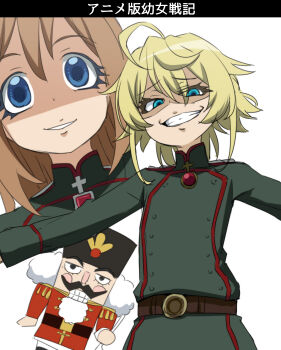 2girls being_x belt blonde_hair blue_eyes brown_hair closed_mouth commentary_request hair_between_eyes looking_at_viewer looking_down medium_hair military military_uniform multiple_girls no_headwear outstretched_arms tanya_degurechaff teeth tori_(minamopa) viktoriya_ivanovna_serebryakov youjo_senki