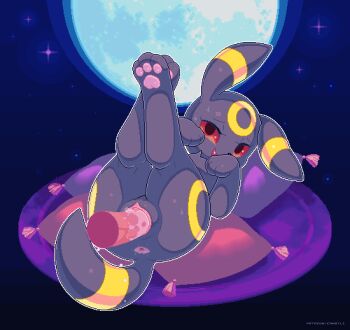 1girl abstract_background animal_hands animal_sexualization animated animated_gif anus black_eyes clitoris closed_eyes colored_sclera cum cum_in_pussy disembodied_penis ejaculation eyelashes fat_mons furry gen_2_pokemon happy_sex kemocamotli legs_up looking_at_viewer lying missionary moon night nintendo nude on_back open_mouth orgasm pawpads penis pillow pixel_art pokemon pokemon_(creature) pussy pussy_juice red_sclera sex smile star_(symbol) star_symbol_background thick_thighs thighs umbreon uncensored vaginal