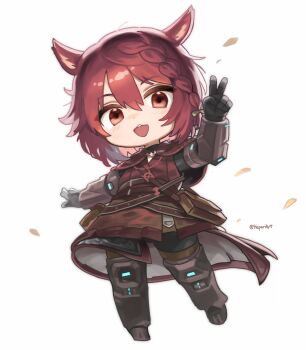 1girl :d animal_ears black_gloves black_pants blush brown_shoes commentary dot_nose double-parted_bangs dress final_fantasy final_fantasy_xiv full_body gloves hair_between_eyes hand_up hepari highres looking_at_viewer miqo'te open_mouth pants red_dress red_eyes red_hair shoes short_hair simple_background smile solo standing twitter_username v warrior_of_light_(ff14) white_background