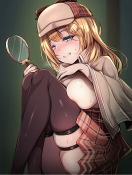 Rule 34 | 1girl, blonde hair, blue eyes, blush, breasts, capelet, deerstalker, detective, grin, hair ornament, hat, high-waist skirt, highres, holding, holding magnifying glass, hololive, hololive english, magnifying glass, medium breasts, medium hair, no shirt, plaid clothes, plaid skirt, shimo (depthbomb), sitting, skindentation, skirt, smile, solo, sweat, thighhighs, virtual youtuber, watson amelia, watson amelia (1st costume), zettai ryouiki