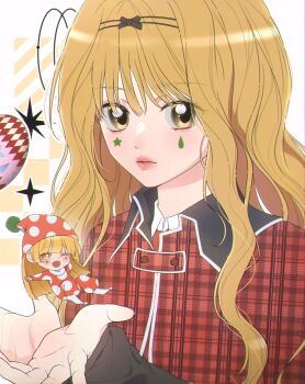 Rule 34 | 2girls, absurdres, blonde hair, blunt bangs, blush, capelet, closed mouth, commentary, guardian chara, hat, heart's egg (shugo chara!), highres, knn nabi, korean commentary, kusu kusu (shugo chara!), long hair, long sleeves, looking at viewer, mashiro rima, mini person, minigirl, multiple girls, one eye closed, pointy shoes, polka dot, red capelet, school uniform, seiyo academy school uniform, shoes, shugo chara!, yellow eyes