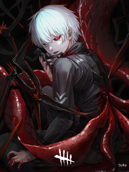 1boy absurdres arthropod_limbs black_nails black_pants black_sclera black_shirt blood blood_on_hands colored_sclera dead_by_daylight heterochromia highres holding holding_mask kagune_(tokyo_ghoul) kaneki_ken long_sleeves mask nail_polish pants red_eyes shirt short_hair solo straw_like tokyo_ghoul translation_request unworn_mask white_hair