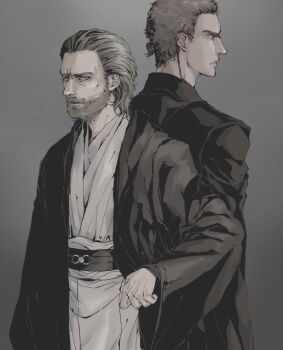 Rule 34 | 2boys, anakin skywalker, animification, beard, belt, blonde hair, blue eyes, brown belt, facial hair, mmttbbcc, mole, mole under eye, multiple boys, obi-wan kenobi, simple background, star wars, star wars: attack of the clones