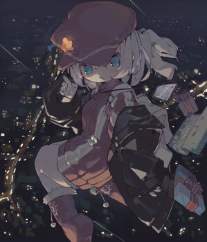 1girl absurdres black_jacket blue_eyes boots christmas city commentary_request dated_commentary flying from_above fur-trimmed_boots fur_trim gift hat hat_ornament highres id_card jacket long_sleeves looking_at_viewer nep_(nep_76) night open_clothes open_jacket open_mouth original outdoors red_boots red_hat red_sweater solo star_(symbol) star_hat_ornament sweater white_hair