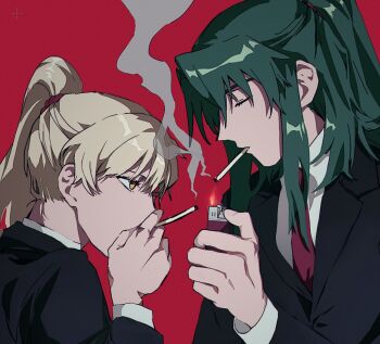 Rule 34 | 2boys, archer (fate/samurai remnant), blonde hair, cigarette, closed eyes, collared shirt, fate/samurai remnant, fate (series), green hair, high ponytail, holding, holding lighter, jacket, lighter, long hair, long sleeves, male focus, multiple boys, necktie, ponytail, profile, red background, shirt, sidelocks, simple background, smoke, smoke trail, smoking, yellow eyes, yun850, zheng chenggong (fate)