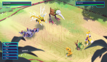 absurdres agumon body_fur character_name crab digimon digimon_(creature) digimon_world_3 gameplay_mechanics ganimon gero_rivera group_picture highres kitsune kiwimon koemon lizard monkey on_grass palm_tree renamon slingshot_(weapon) standing tree yanmamon yellow_fur