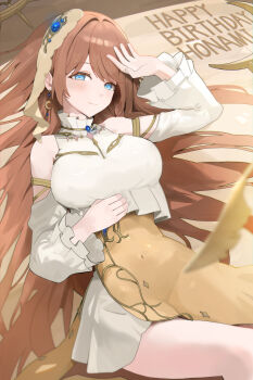 1girl absurdres armlet bare_shoulders bloom_festival_(project_sekai) blue_eyes blurry blurry_foreground blush breasts brown_hair character_name closed_mouth commentary_request covered_navel cowboy_shot crescent crescent_earrings detached_sleeves dress earrings frilled_dress frilled_sleeves frills gold_armlet hair_ornament hair_spread_out hand_on_own_stomach hand_up happy_birthday high_collar highres jewelry large_breasts layered_dress long_hair long_sleeves looking_at_viewer lying mochizuki_honami official_alternate_costume official_alternate_hair_length official_alternate_hairstyle on_back orange_dress project_sekai sidelocks smile solo swept_bangs usagi_melon3 very_long_hair white_dress wide_sleeves