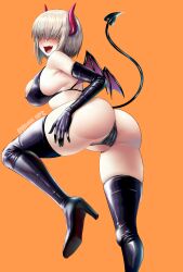 Rule 34 | 1girl, artist name, ass, bare shoulders, bikini, black bikini, black footwear, black gloves, boots, breasts, cameltoe, demon girl, demon tail, demon wings, elbow gloves, evil-dei, fang, from behind, gloves, grey hair, hair over eyes, high heel boots, high heels, huge ass, large breasts, lips, open mouth, orange background, short hair, simple background, smile, solo, standing, standing on one leg, swimsuit, tail, thigh boots, uzaki-chan wa asobitai!, uzaki yanagi, wings