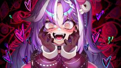 Rule 34 | 1girl, beads, black choker, black gloves, blush, braid, braided bangs, choker, creature on head, gloves, grey eyes, hands up, heart, highres, jared (michi mochievee), long hair, long sleeves, looking at viewer, michi mochievee, multicolored hair, one side up, open mouth, purple hair, red eyes, ringed eyes, smile, solo, stitched face, stitches, streaked hair, teeth, torn clothes, virtual youtuber, vshojo, white hair, xeapher