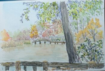 arch_bridge bridge commentary harusa1107 highres lake nature no_humans original outdoors painting_(medium) plant railing scenery shelter sketch traditional_media tree unfinished water watercolor_(medium) wooden_bridge